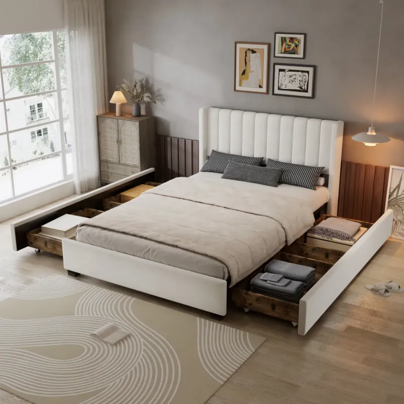 4ft6 Double Beige Velvet Upholstered Storage Bed with 4 Drawers