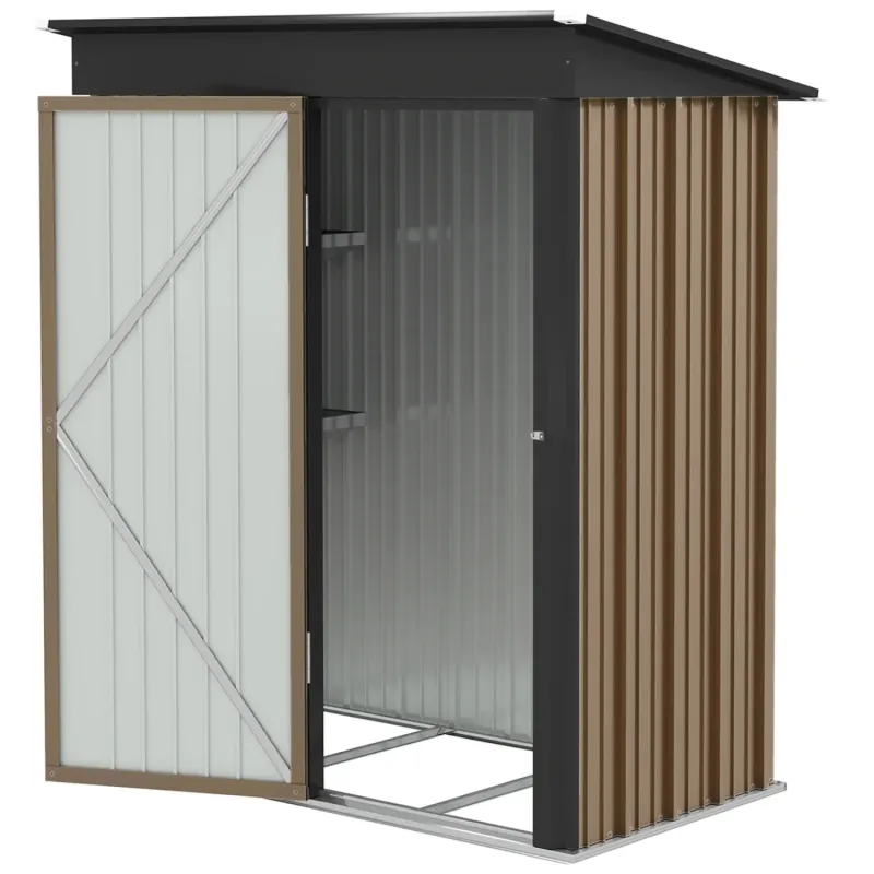 Corrugated Steel Garden Storage Shed, 5 x 3ft, in Brown, with Shelves and Lockable Door