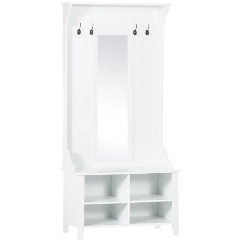 Hallway Furniture Set with Mirror, Shoe Bench and Coat Rack - White
