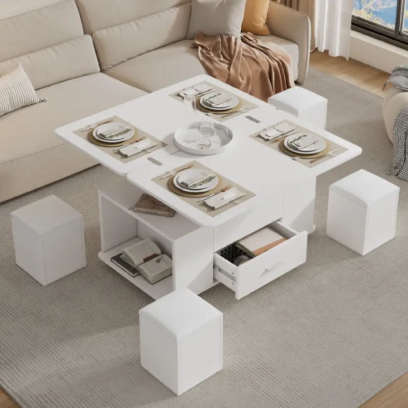 Rectangular Convertible Coffee Table, Particleboard in White, with Lift Top and 4 Storage Stools