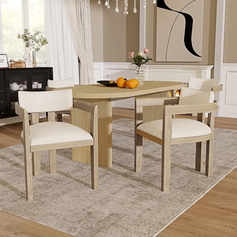 Set of 4 Natural Solid Wood Dining Chairs with Textured Linen Upholstery