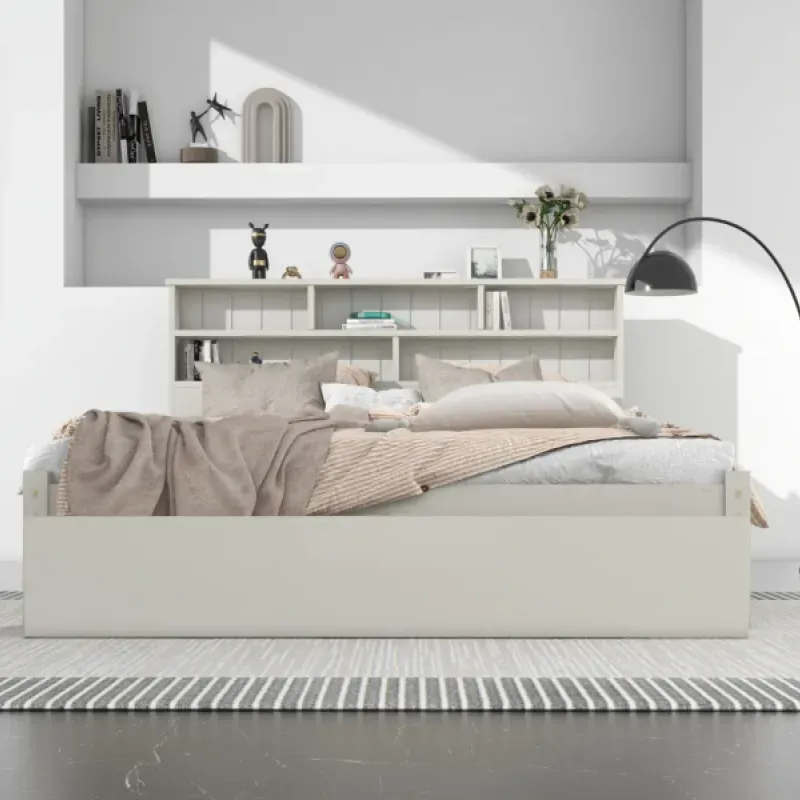 White Wooden 4ft6 Double Storage Bed with Bookcase Headboard and Underbed Drawer