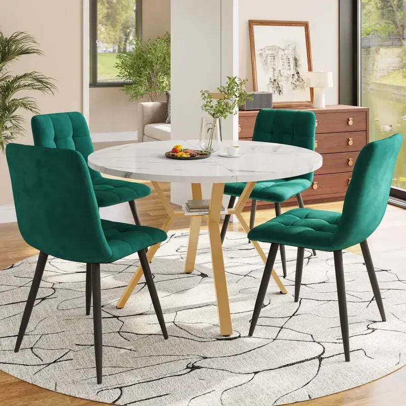 100cm Round Marble Effect Dining Table and 4 Green Velvet Chairs with Gold Legs