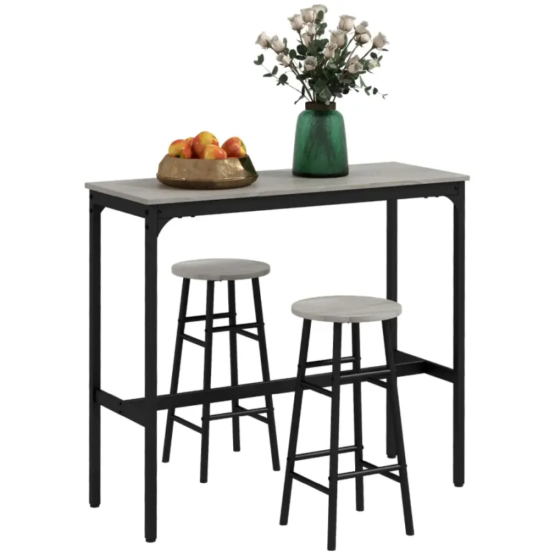 3 Piece Industrial Bar Table Set with 2 Stools - Grey