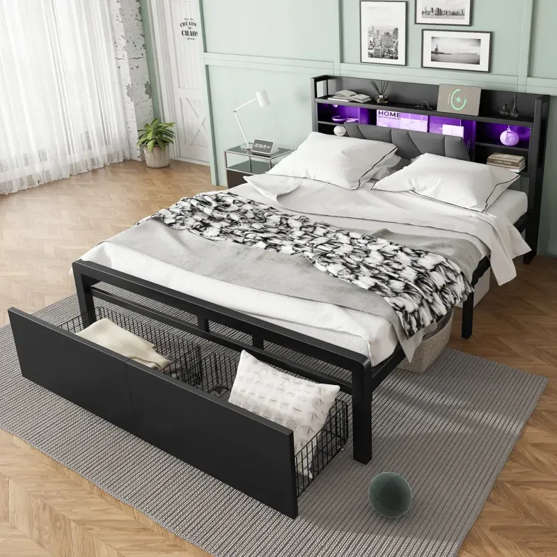 4ft6 Double Black Metal Bed Frame with LED Storage Headboard and Drawers