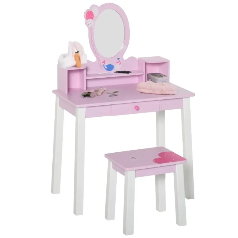 Kids Wooden Dressing Table and Stool Set with Drawer - Pink
