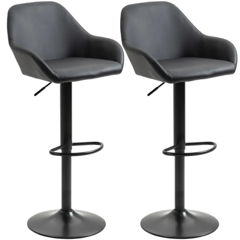 Bar Stool, Set of 2, PU Leather in Black with Adjustable Height and Armrests