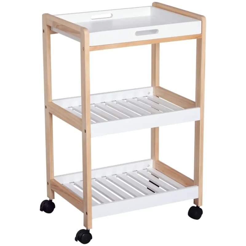 3-Tier Pine Wood Mobile Kitchen Trolley with Removable Tray - White