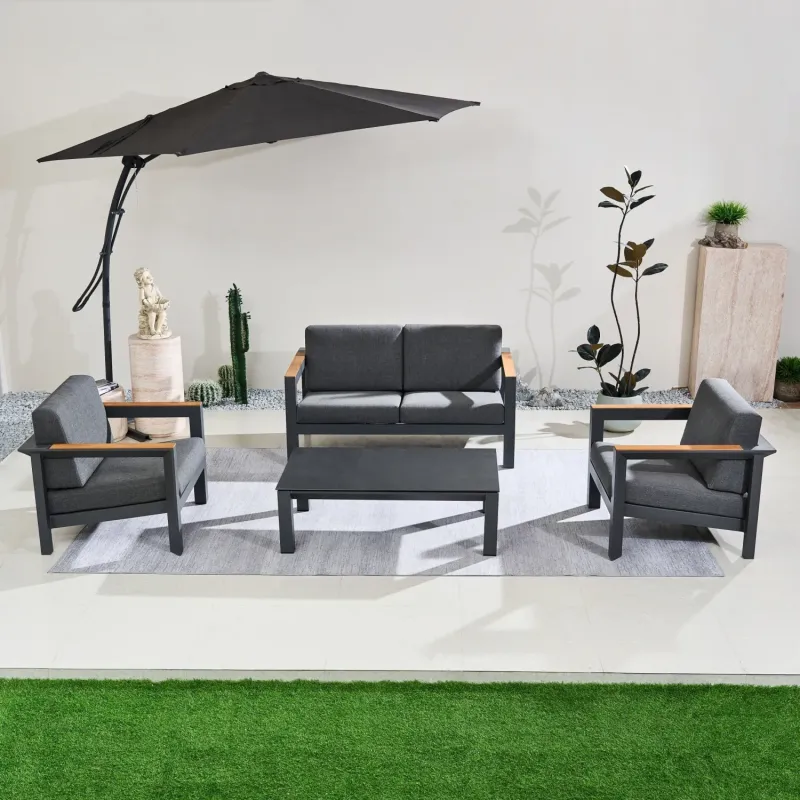 Arve 4-Seater Aluminium Garden Sofa Set with Teak Accents - Carbon Black
