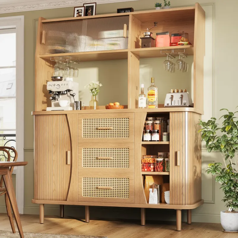 Kitchen Larder Cupboard with Rattan Drawers and Glass Sliding Doors - Natural Wood Look