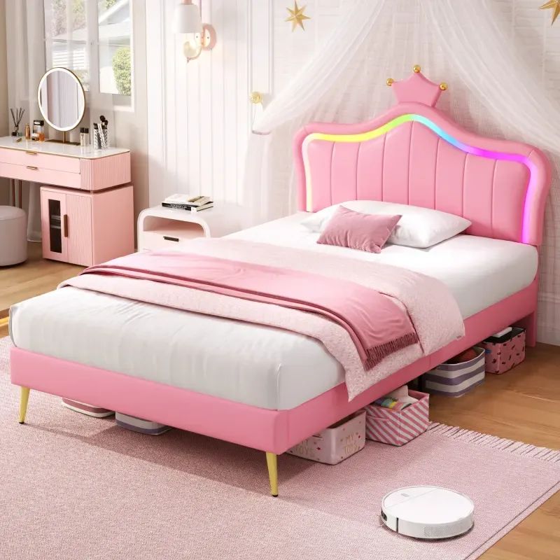 3ft Single Pink PU Leather Bed Frame with LED Crown Headboard