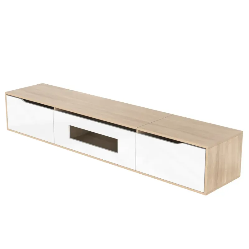 180cm Floating TV Stand with 16-Colour LED Lights - White High Gloss & Wood Effect