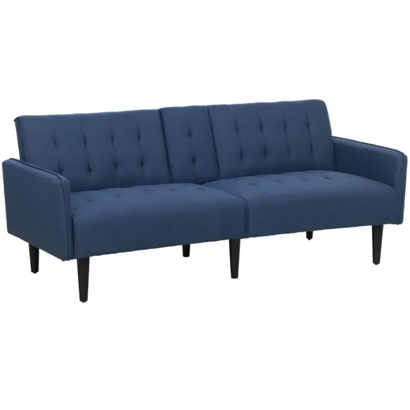 3 Seater Click Clack Sofa Bed with Cup Holders - Dark Blue Linen Look