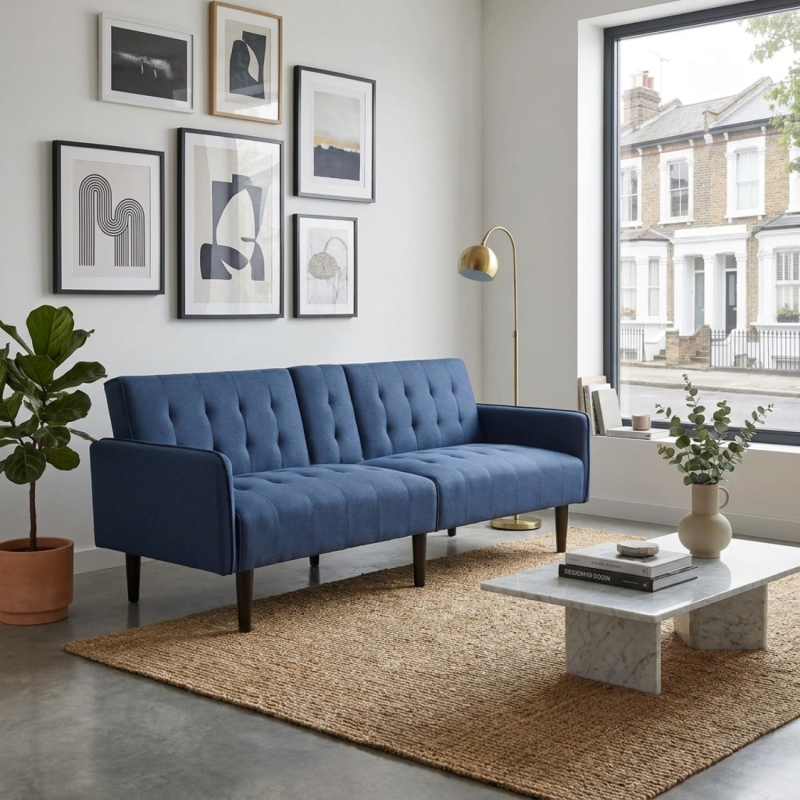 Linen Look Sofa Bed, 3 Seater, in Dark Blue, with Cup Holders