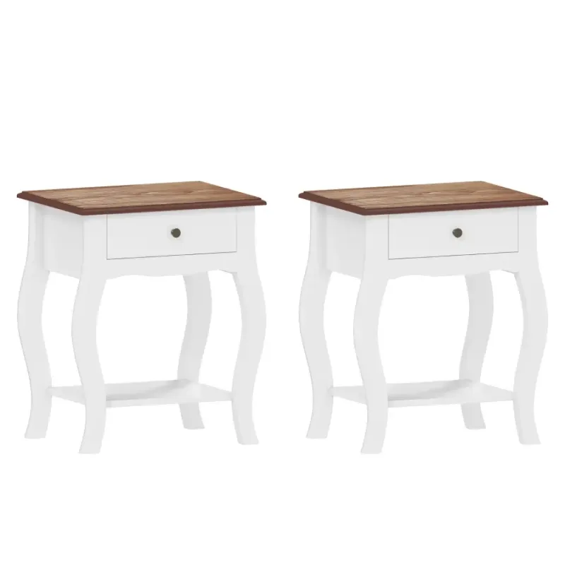 Set of 2 French Style Bedside Tables with Drawer and Open Shelf - White & Oak Effect