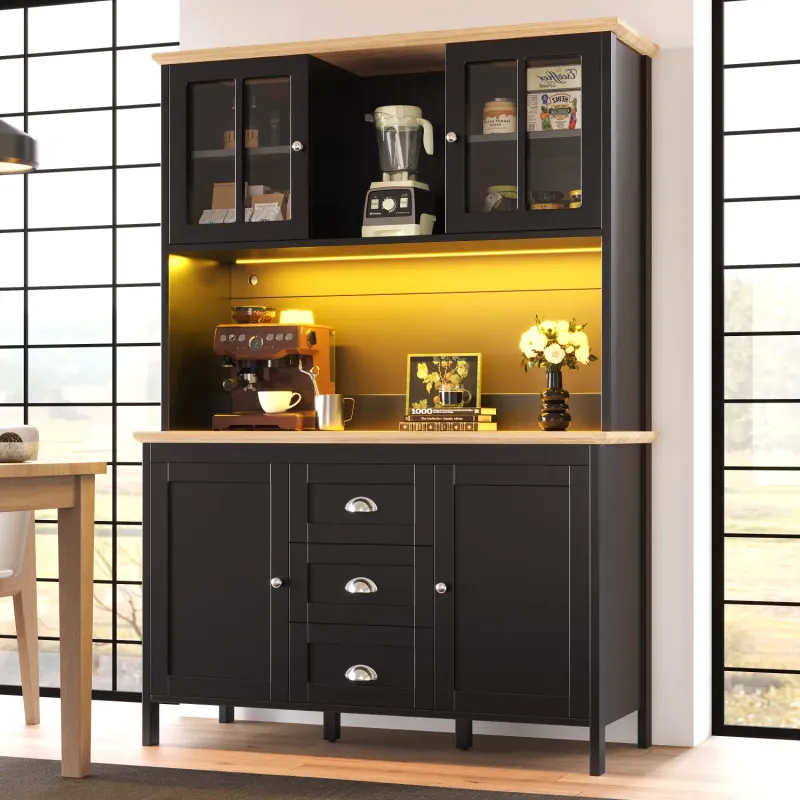120cm Tall Kitchen Larder Cupboard with LED Lighting - Black