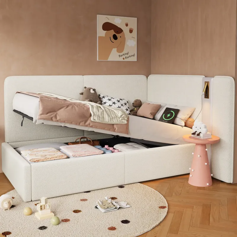 Bouclé Upholstered Daybed, 3FT Single, in Beige, with Hydraulic Storage and USB Charging