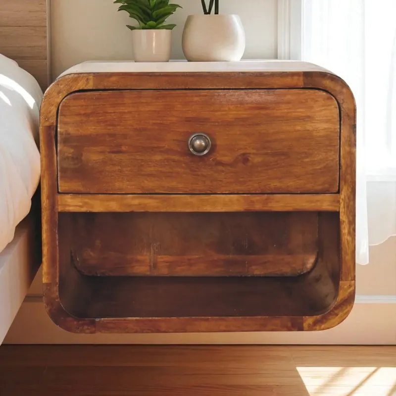 Solid Mango Wood Mini Curve Floating Bedside Table, Chestnut