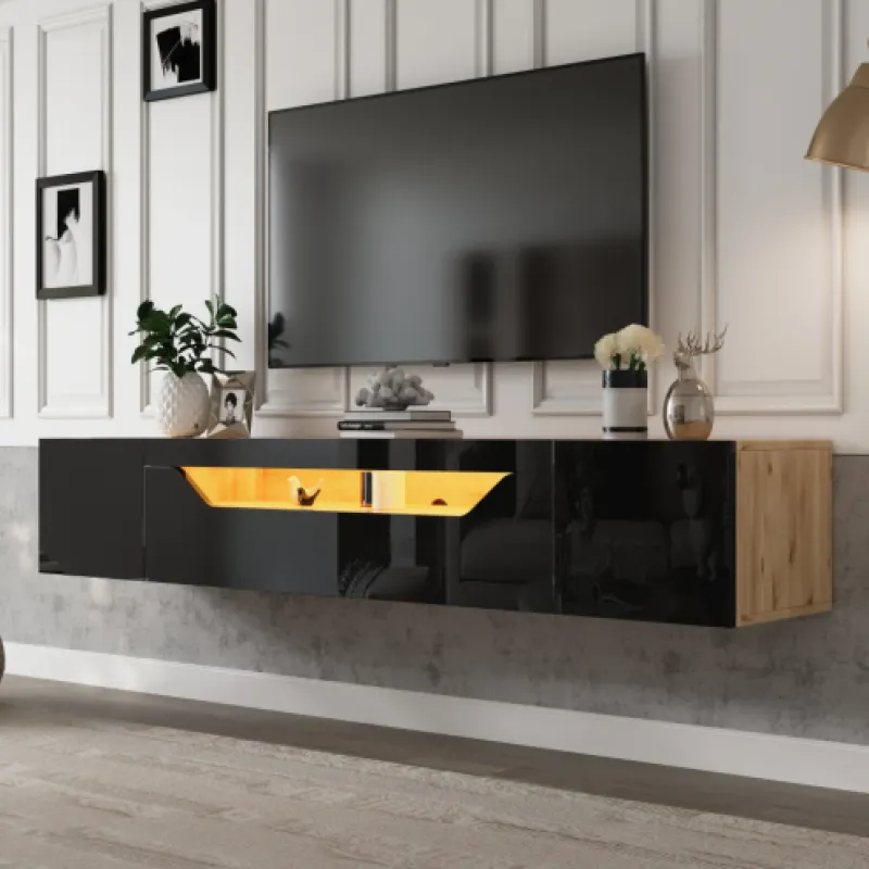 High Gloss and Particleboard TV Unit, 180cm, in Black & Wood, with LED Lights