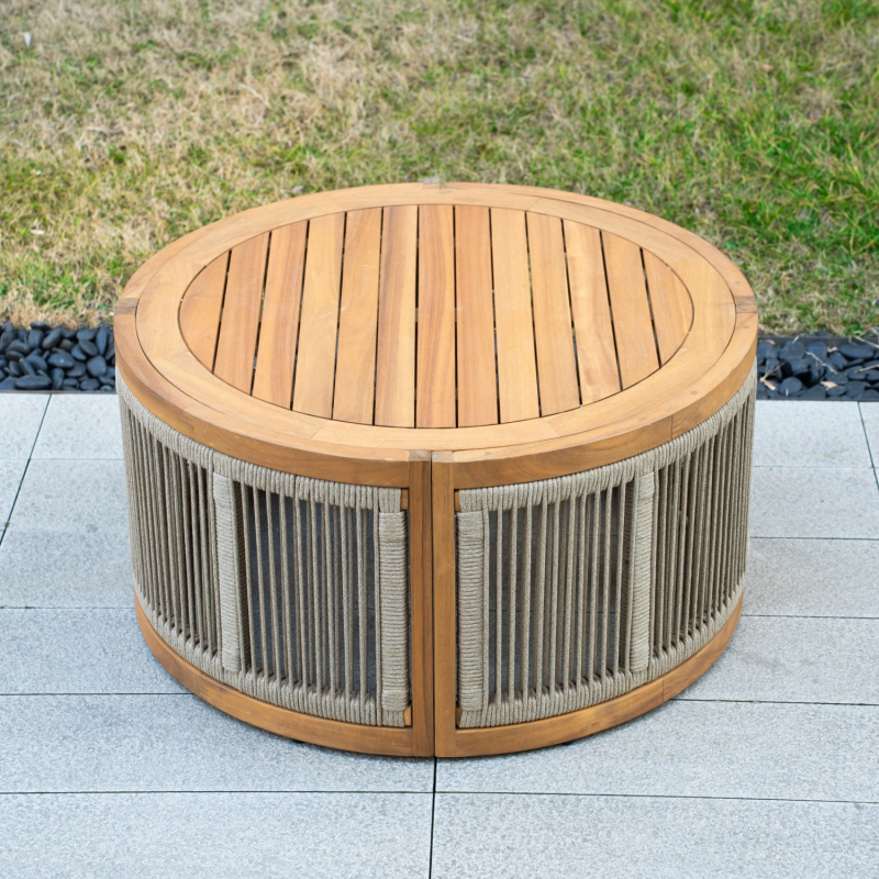 Oval Outdoor Coffee Table, Solid Acacia Wood in Natural, with Rope-Woven Detail