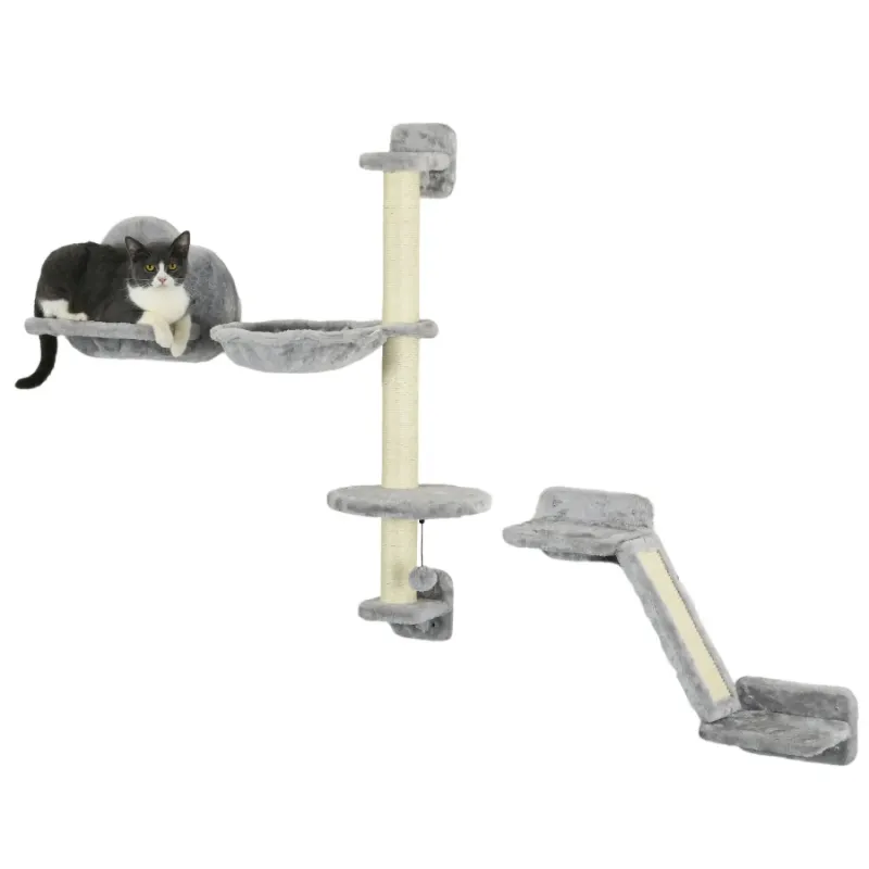 3-Piece Wall-Mounted Cat Climbing Shelves with Hammock & Scratching Post - Grey