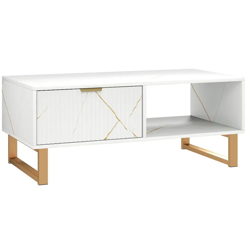 Rectangular Coffee Table, Marble Effect in White, with Storage and Gold Accents