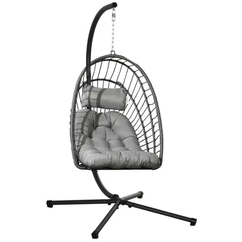  Foldable PE Rattan Hanging Egg Chair with Steel Stand and Cushions - Light Grey