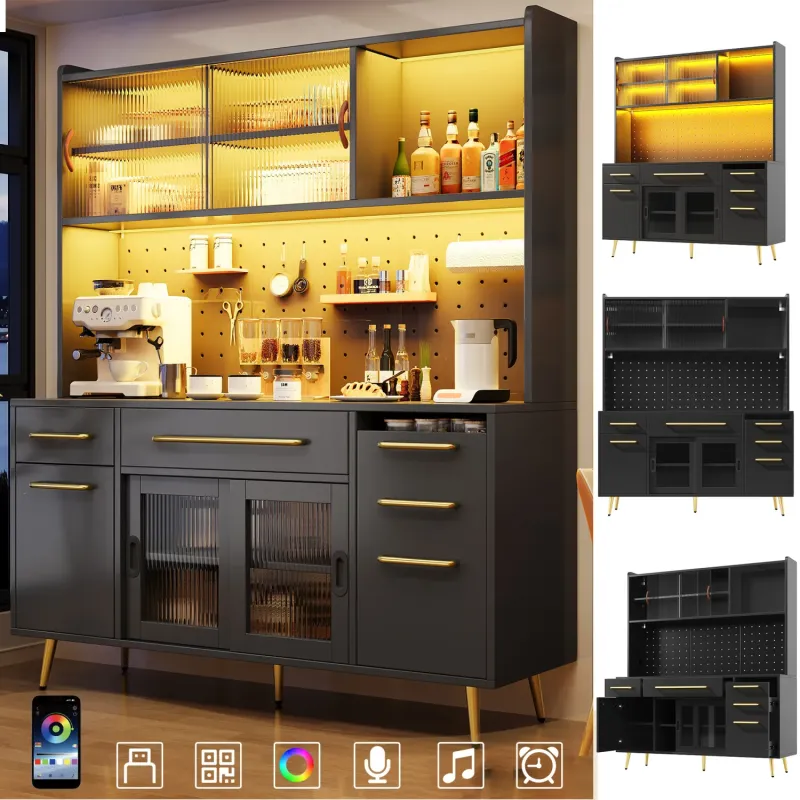 Wood and Metal Tall Sideboard, 145cm, in Black, with LED Lighting and Pegboard