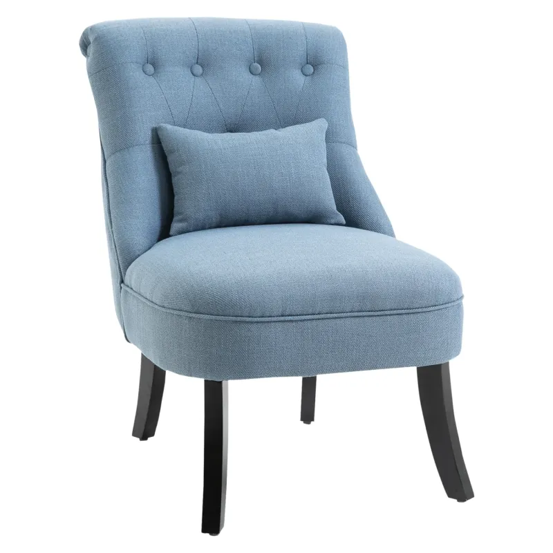 Linen-Look Upholstered Tub Chair, in Blue, with Scrolled Back and Button Tufting