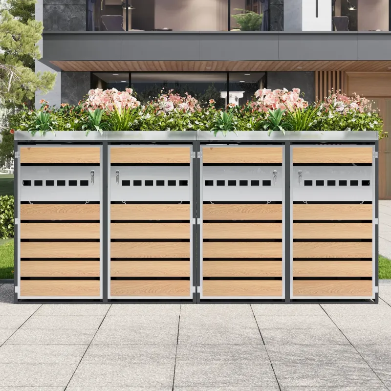 4-Compartment Galvanised Steel Wheelie Bin Store with Integrated Planter - Wood Grain & Grey
