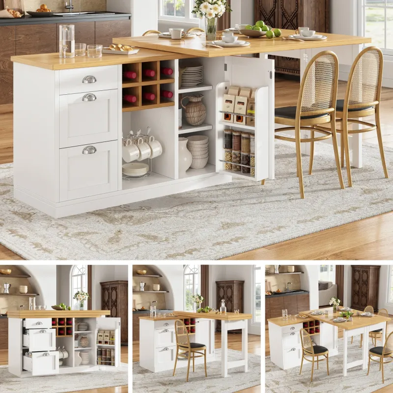 MDF Extendable Sideboard Dining Table, 120-197cm, in White & Black, with 3 Drawers and Wine Rack