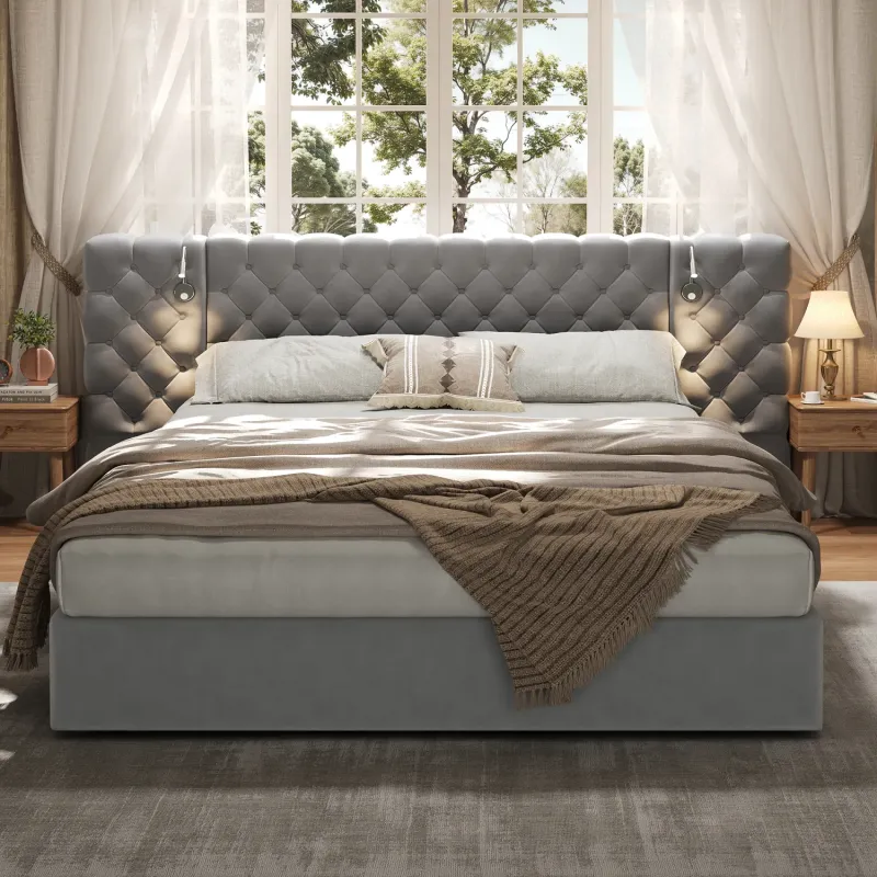 King Size Grey Velvet Ottoman Storage Bed with Wide Headboard and Reading Lights