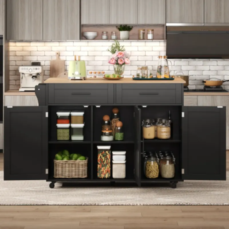 Kitchen Island with Foldable Wood Veneer Tabletop and Storage - Khaki