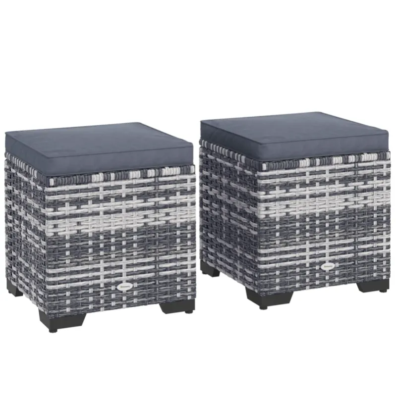 Set of 2 Rattan Storage Ottomans with Cushions - Dark Grey