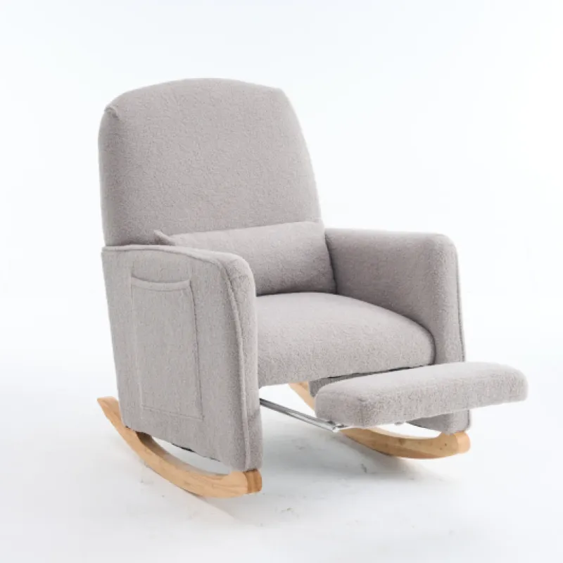 Teddy Fabric Rocking Chair with Pull-Out Footrest, Grey