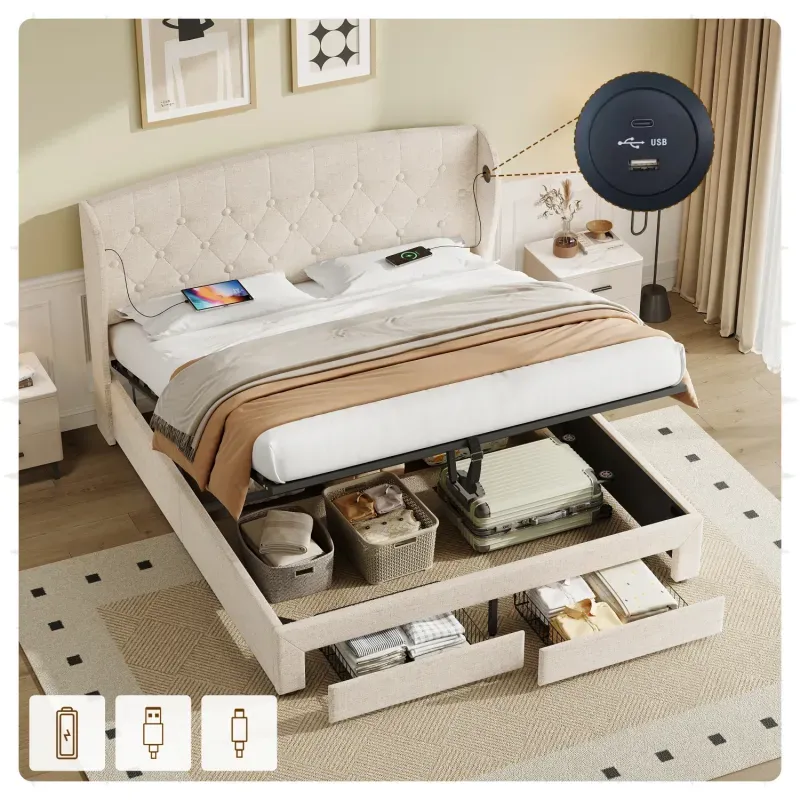 Double Upholstered Ottoman Storage Bed with USB & Type-C Charging - Beige Linen