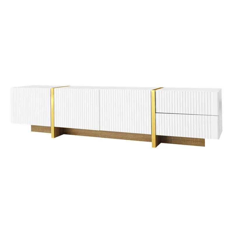 190cm White and Wood Grain TV Cabinet with 3 Doors and 2 Drawers