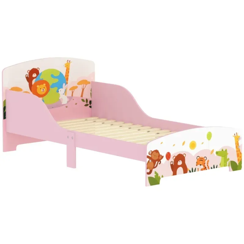 Pink Animal-Themed Toddler Bed with Side Safety Rails