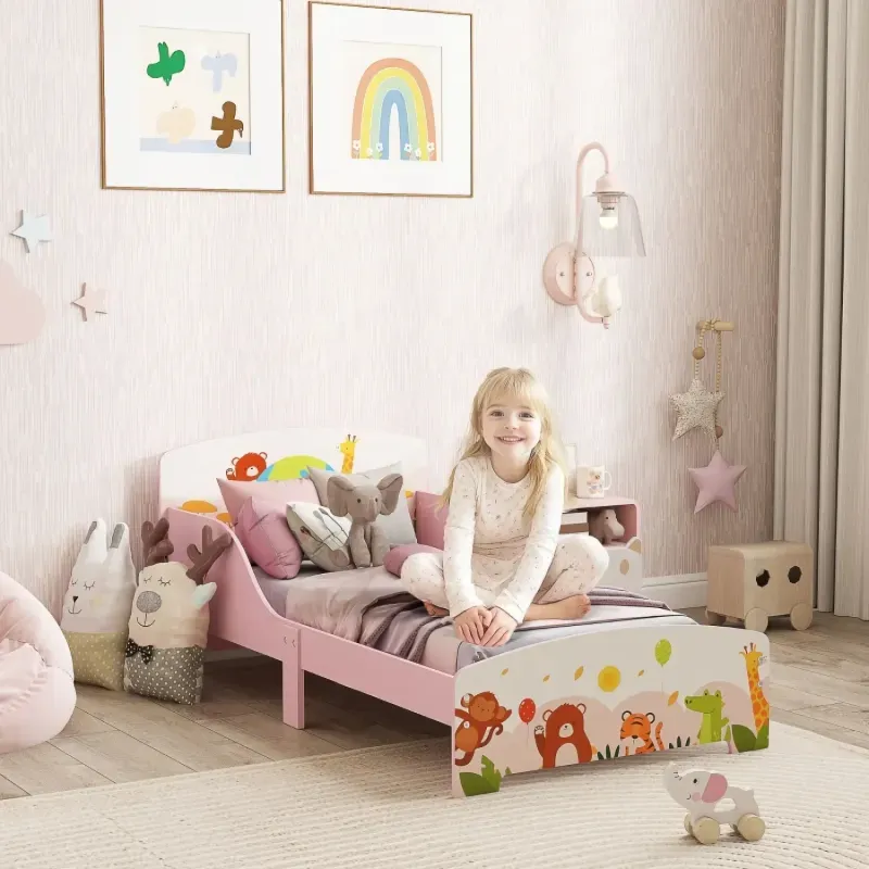 Wooden Toddler Bed, 143 x 77cm, in Pink, with Animal Theme and Safety Rails