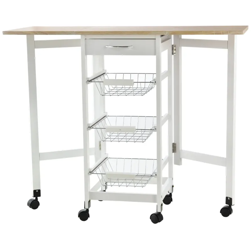 Kitchen Island Trolley with Extending Drop-Leaf Worktop & 3 Baskets - White & Oak Tone