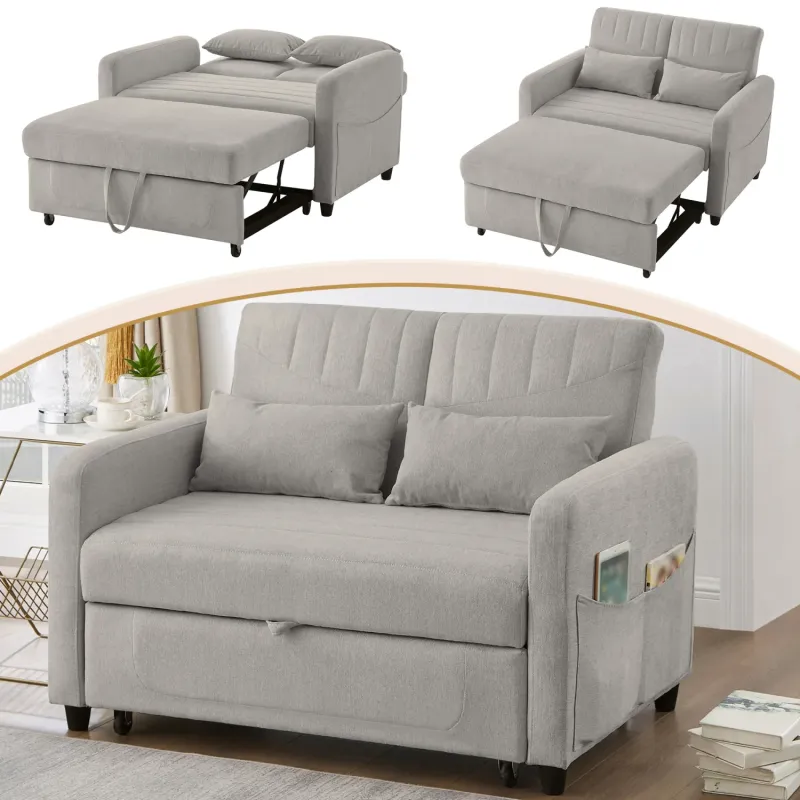 Cotton-Linen Sofa Bed, 2 Seater, with 3-Level Adjustable Backrest