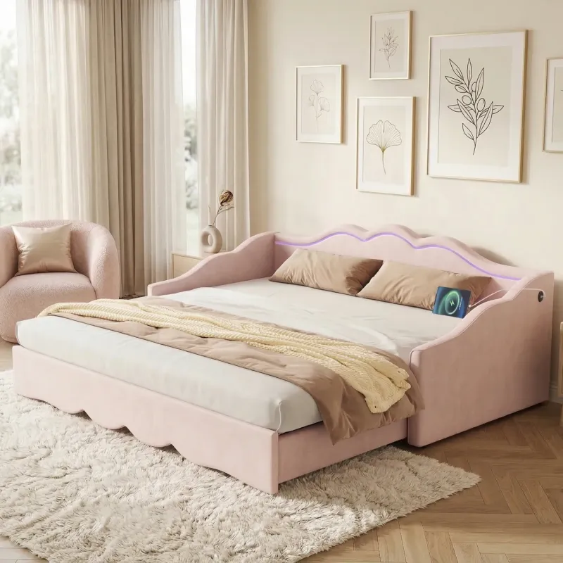 Pink Velvet Extendable Daybed, 90x190cm to 180x190cm, with LED Lighting and USB Port