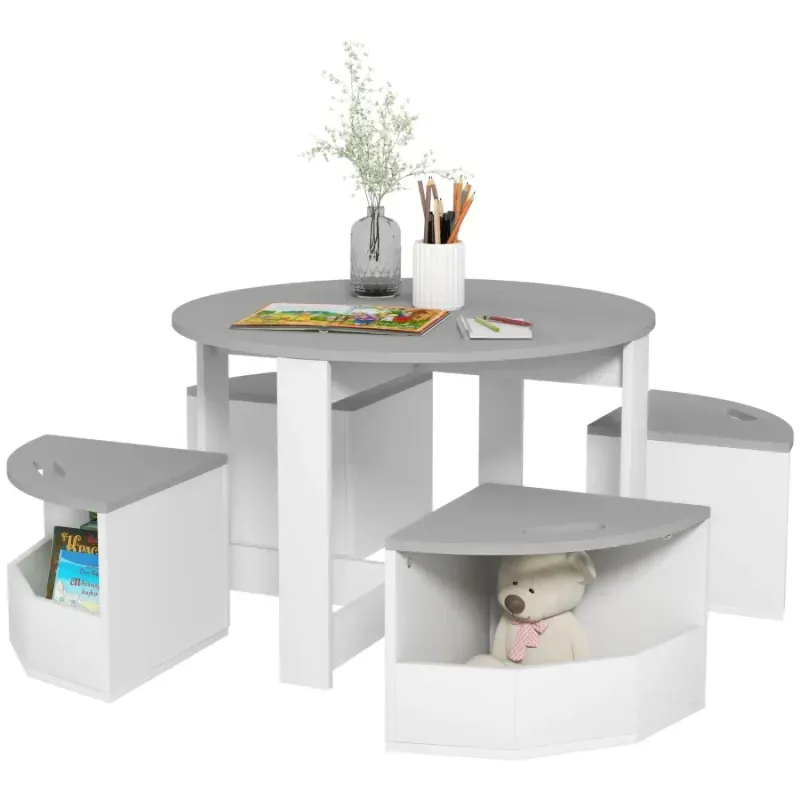 5-Piece Kids Table and 4 Chairs Set with Integrated Storage - Grey