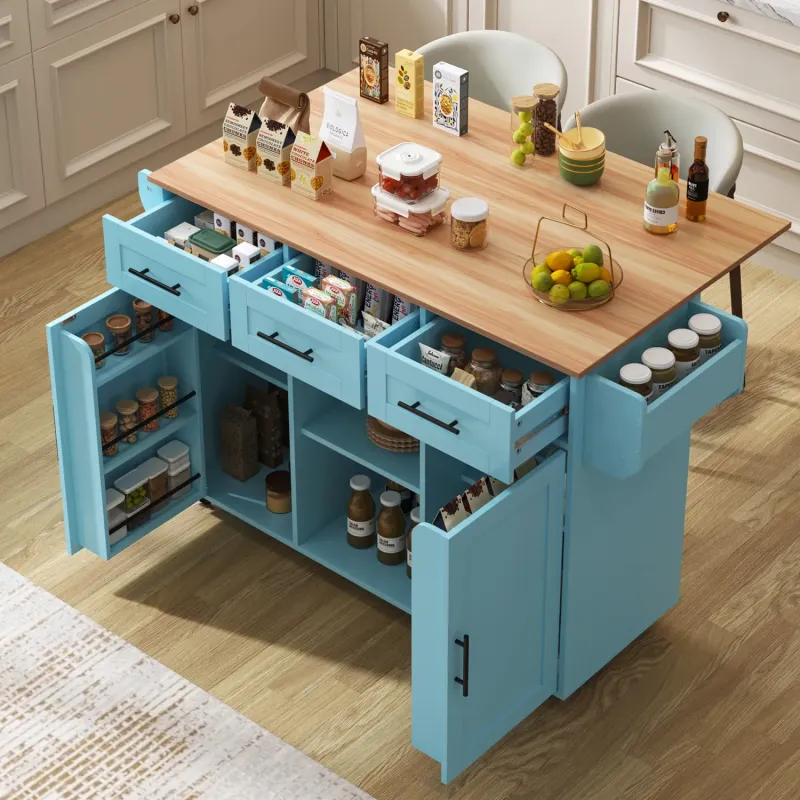 Large Kitchen Island with Foldable Wood Top and 3 Drawers - White