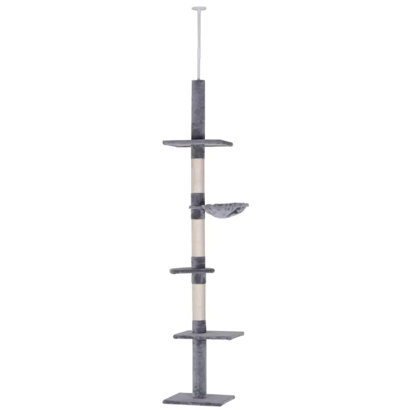 Floor to Ceiling Adjustable 5-Tier Cat Tree, 230-260cm - Grey