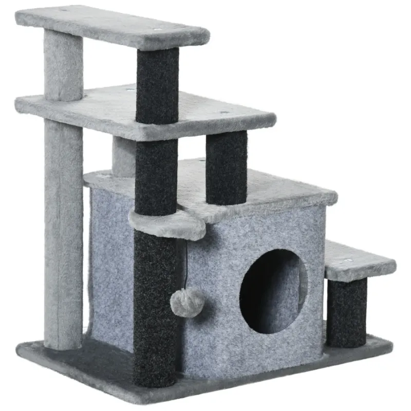 Grey Adjustable Cat Steps with Hideaway House and Jute Scratching Posts