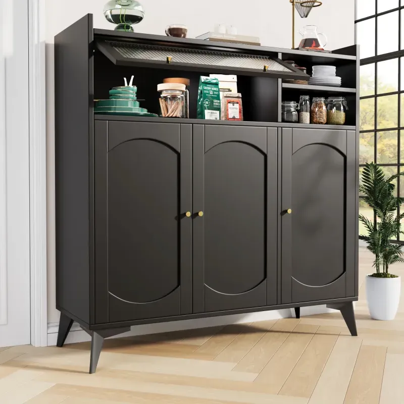 Large Black Sideboard with Glass Doors and Gold Handles - 120cm Modern Storage Cabinet