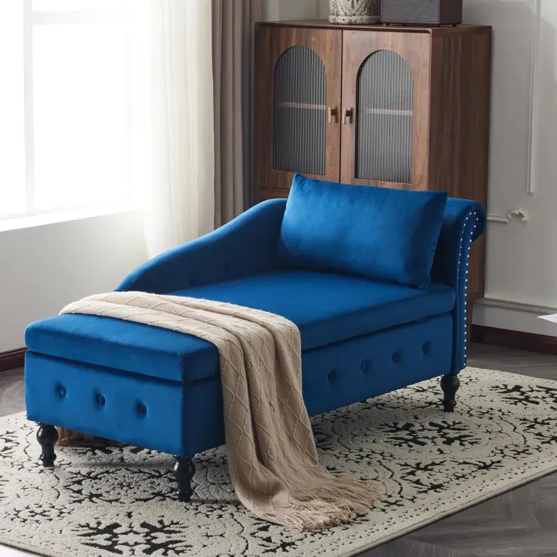 Blue Velvet Right-Hand Storage Chaise Longue with Button Tufting
