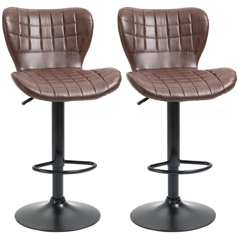Bar Stools, Set of 2, PU Leather in Brown with Adjustable Height and Swivel