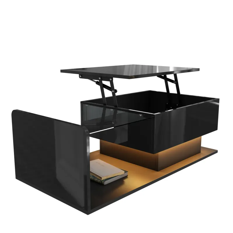 Rectangular Coffee Table, High Gloss Lacquer in Black, with Lift-Top and LED Lighting